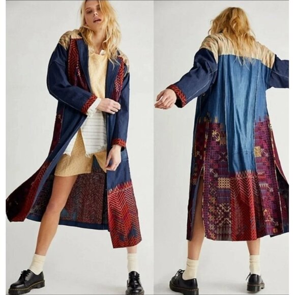 Free People Sz Medium Indigo Dreams Patchwork Jacket Embroidered Mixed Media New - Picture 1 of 15